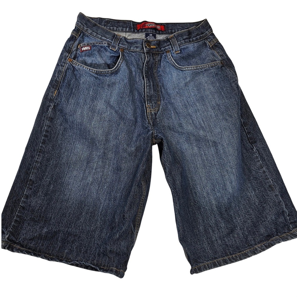 Mecca USA Mens Baggy Denim Shorts Size 34 Dark Wash Embroidered Streetwear Y2K